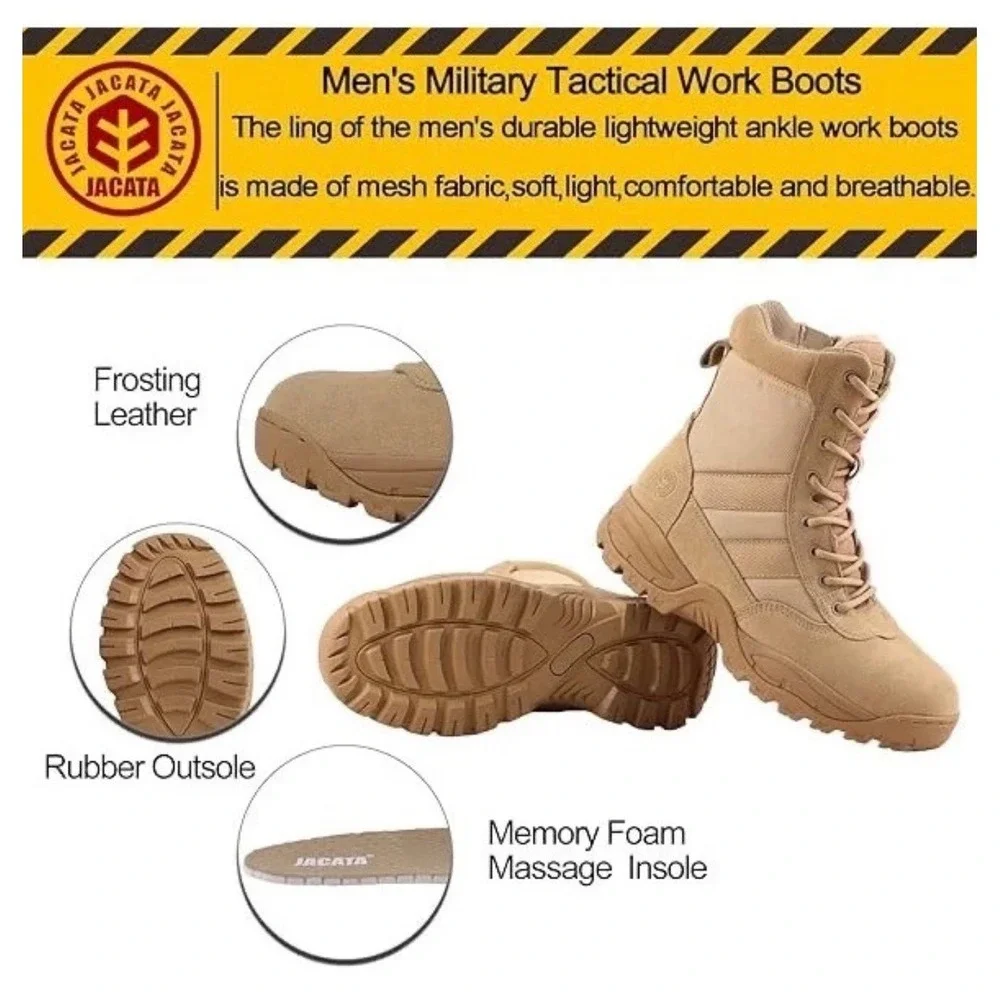 Jacata Mens Tactical Military Work Boots Sand Leather Side Zip Size 10